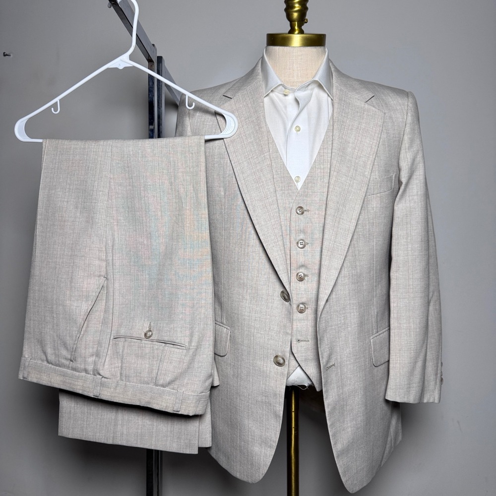 Yves Saint Laurent 3-Piece Suit Mens 40R 33W Beige Pinstripe Vintage French Vest